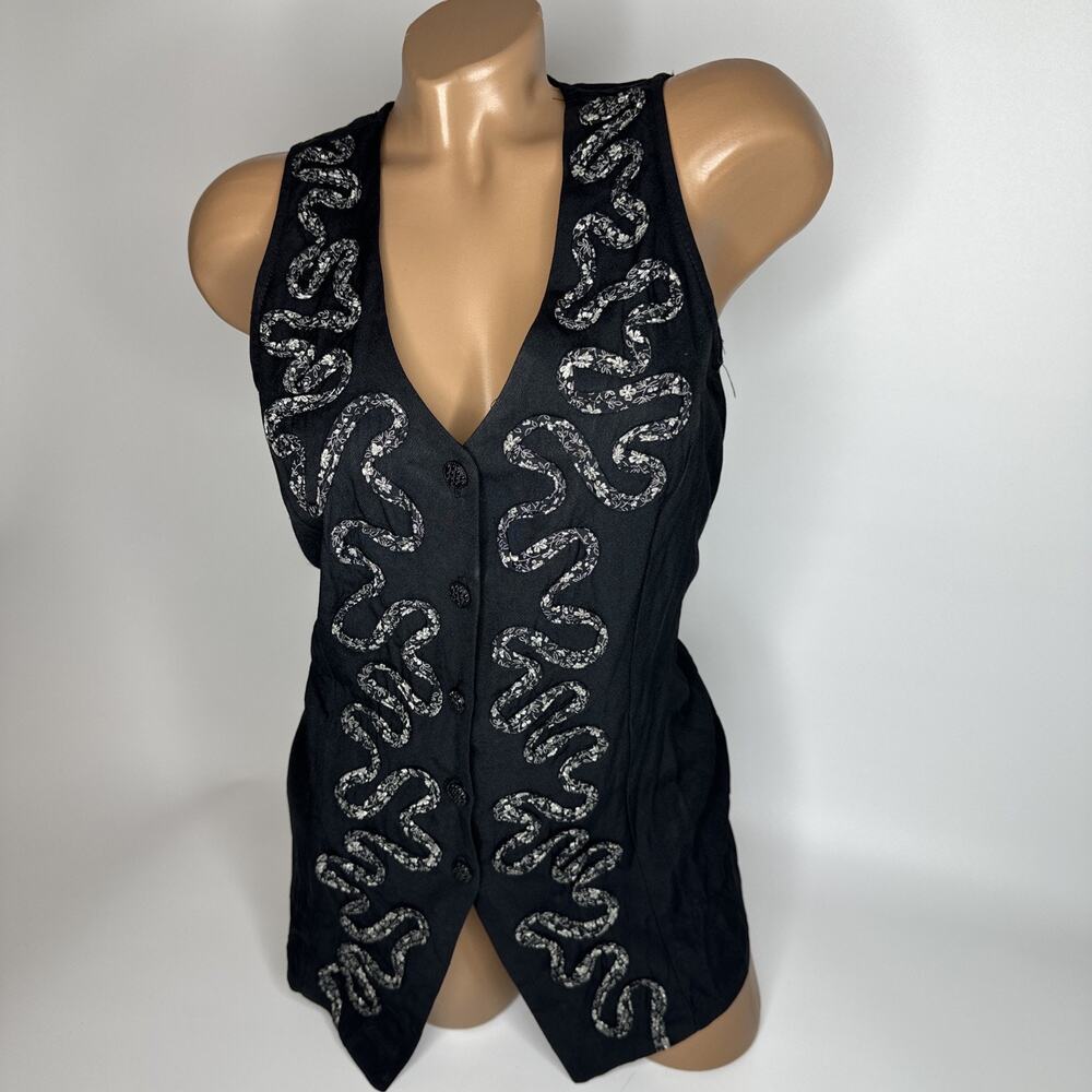 Vintage Becks & Nessi Black Soutache Vest Womens Medium Embellished Button Front
